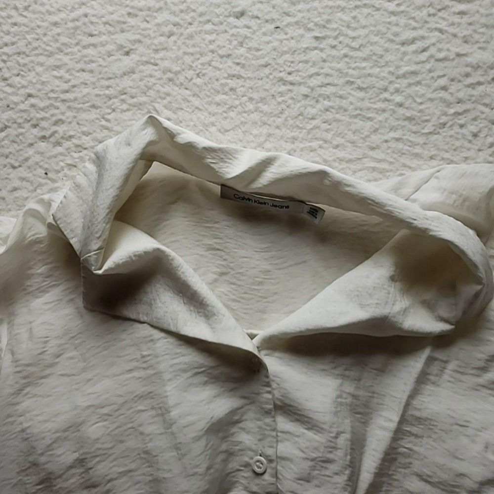 Calvin Klein Jeans Shirt Womens Small White Collared Puff Sleeve Cropped Top